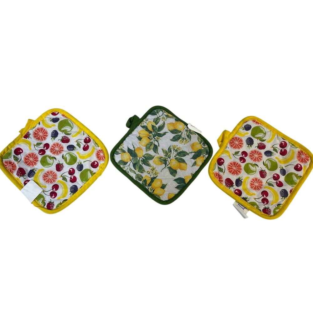 3 Fruit Lemon Orange Cherry Banana Quilted Cotton Blend Square Potholders